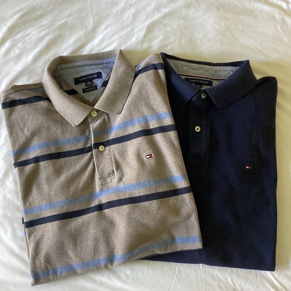 Tommy Hilfiger Custom Fit Size 2XL Men's Navy/Striped Logo Short Sleeve Polos
